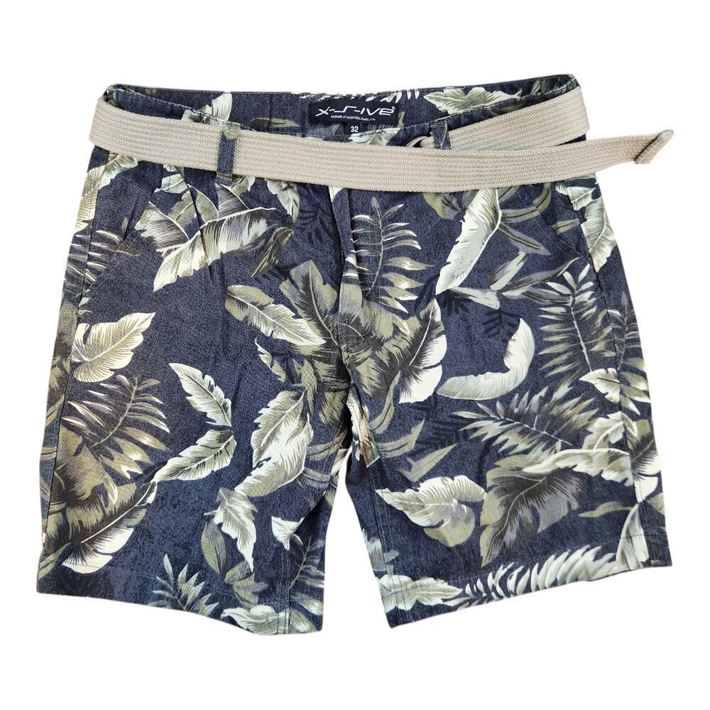 X-S-IVE Tropical Leaf Print Shorts Mens 32 Navy Olive Woven Belted Casual Summer